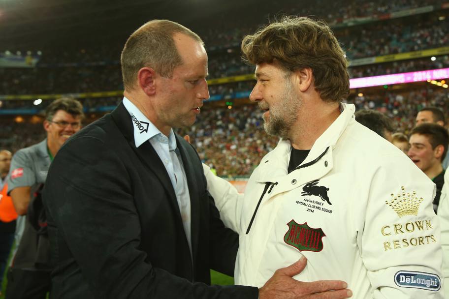 Russell Crowe con l’allenatore dei Rabbitohs Michael Maguire (Getty Images)